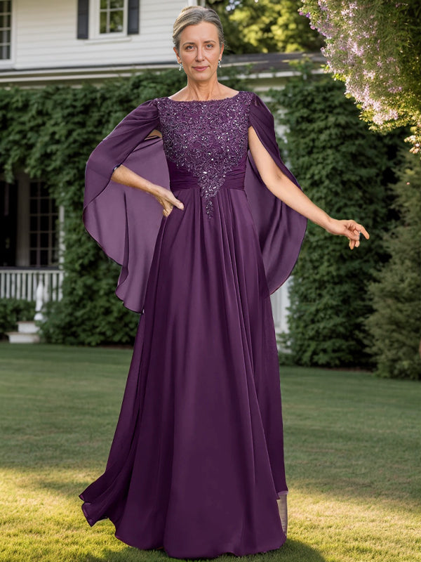A-line Bateau Applique Floor-Length Chiffon Mother of the Bride Dress