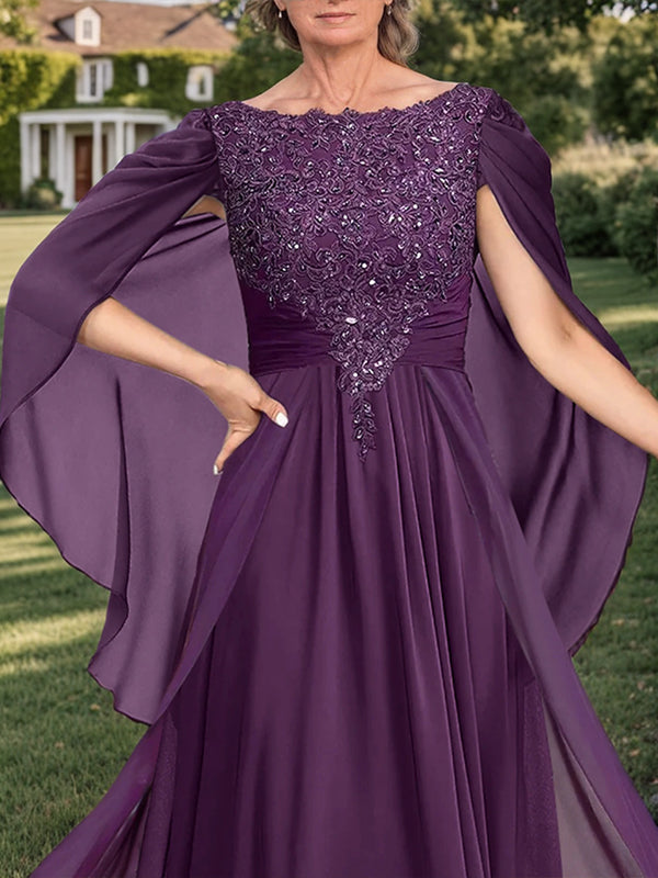 A-line Bateau Applique Floor-Length Chiffon Mother of the Bride Dress