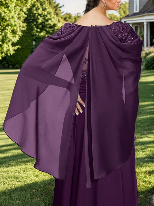 A-line Bateau Applique Floor-Length Chiffon Mother of the Bride Dress