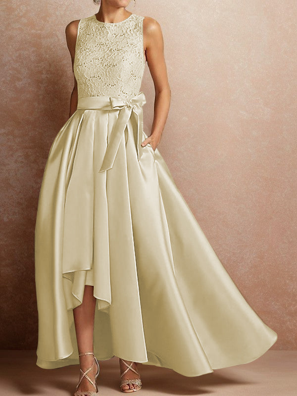 A-line Scoop Sash/Ribbon/Belt Asymmetrical Satin Mother of the Bride Dress