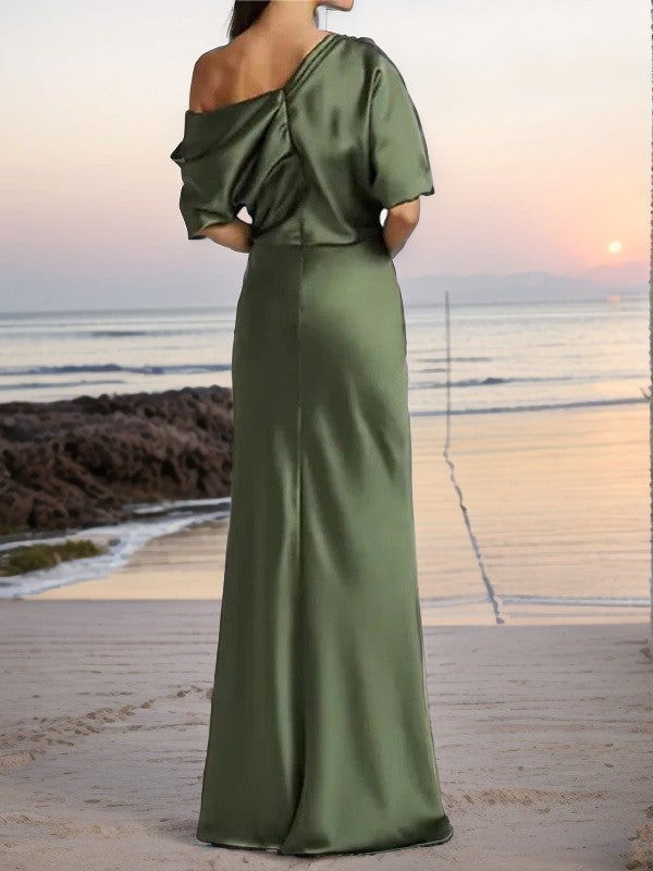 Sheath One-Shoulder 1/2 Sleeves Pleated Floor-Length Silk like Satin Mother of the Bride Dress