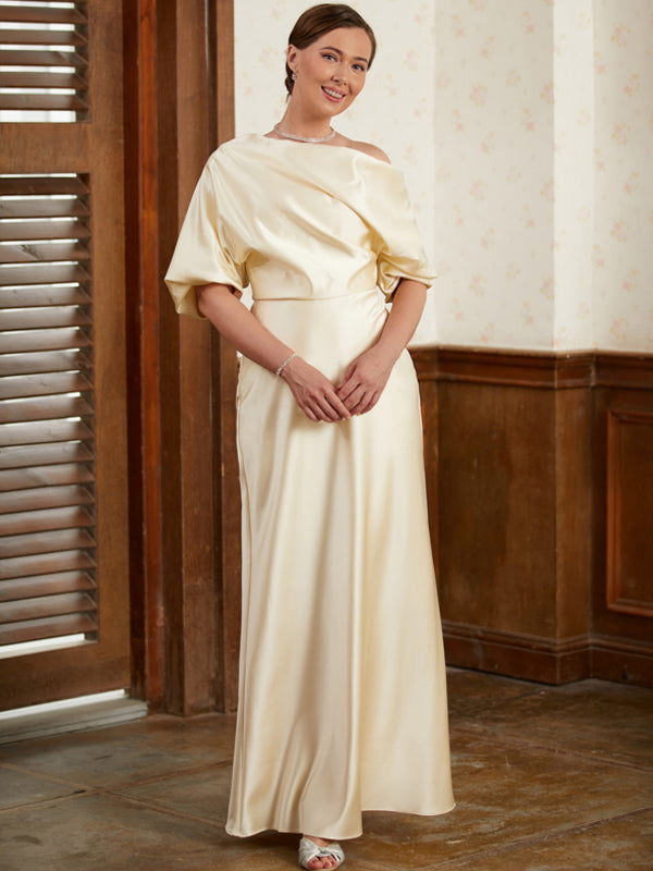 Sheath One-Shoulder 1/2 Sleeves Pleated Floor-Length Silk like Satin Mother of the Bride Dress