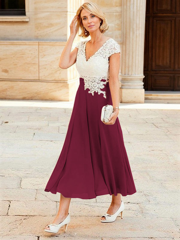 A-line V-neck Short Sleeves Appliques Lace Tea-Length Chiffon Mother of the Bride Dress
