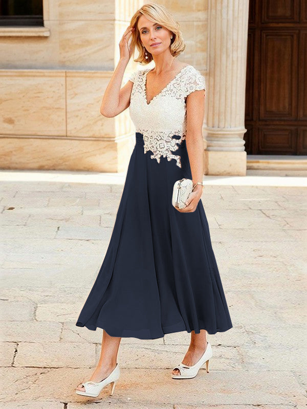 A-line V-neck Short Sleeves Appliques Lace Tea-Length Chiffon Mother of the Bride Dress