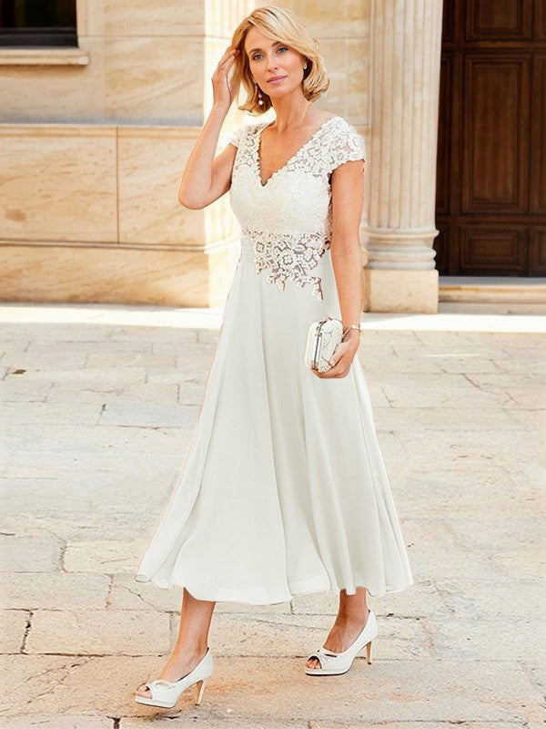A-line V-neck Short Sleeves Appliques Lace Tea-Length Chiffon Mother of the Bride Dress