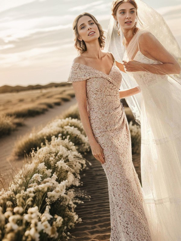 Sheath Off-the-Shoulder Pleated Floor-Length Lace Mother of the Bride Dress