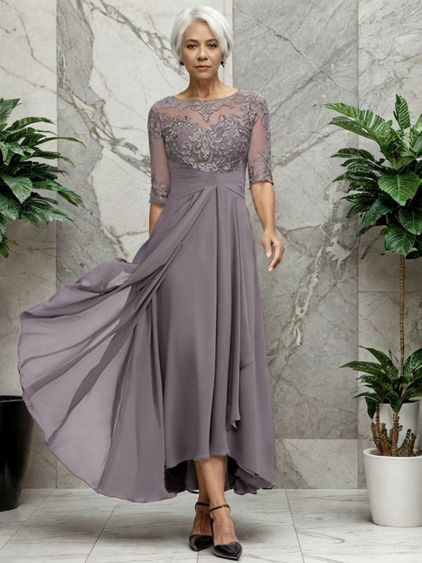 A-Line Bateau 1/2 Sleeves Applique Asymmetrical Chiffon Mother of the Bride Dress