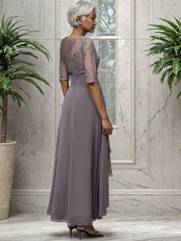 A-Line Bateau 1/2 Sleeves Applique Asymmetrical Chiffon Mother of the Bride Dress