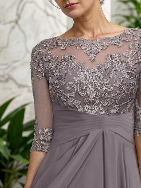 A-Line Bateau 1/2 Sleeves Applique Asymmetrical Chiffon Mother of the Bride Dress