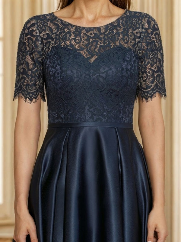 A-Line Bateau Short Sleeves Appliques Lace Asymmetrical Satin Mother of the Bride Dress