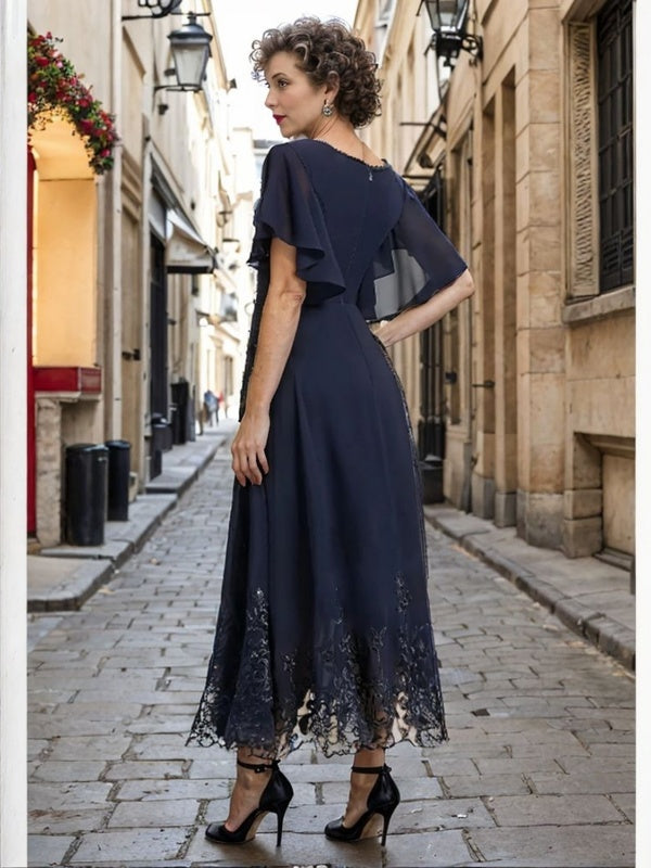 A-Line V-neck Short Sleeves Applique Ankle-Length Chiffon Mother of the Bride Dress