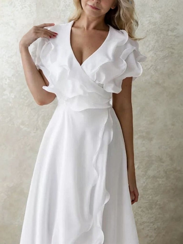 A-line V-neck Ruffles Asymmetrical Chiffon Mother of the Bride Dress