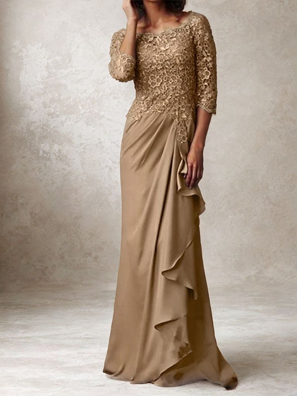 Sheath Bateau 3/4 Sleeves Appliques Lace Sweep Train Satin Chiffon Mother of the Bride Dress