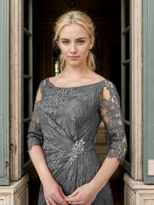 A-line Bateau 3/4 Sleeves Pleated Floor-Length Lace Mother of the Bride Dress