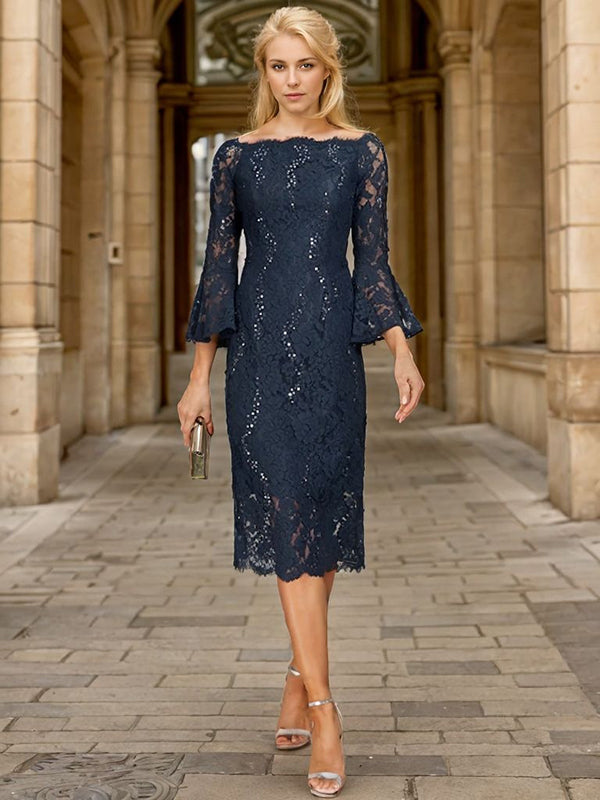 Sheath Bateau 3/4 Sleeves Bow Tea-Length Lace Mother of the Bride Dress