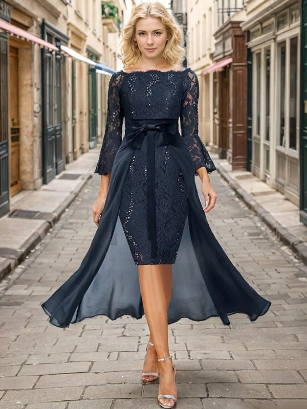 Sheath Bateau 3/4 Sleeves Bow Tea-Length Lace Mother of the Bride Dress