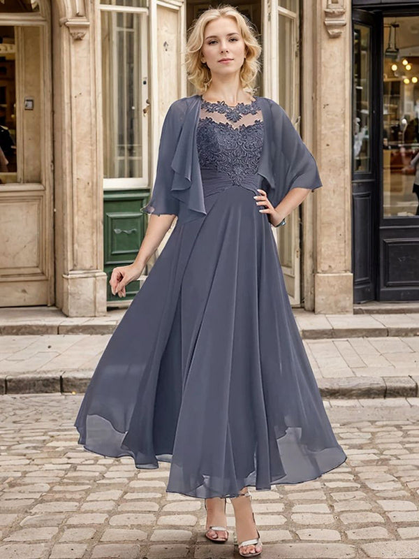 A-line Bateau 3/4 Sleeves Appliques Lace Ankle-Length Chiffon Mother of the Bride Dress