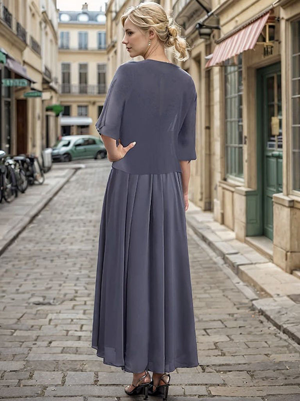 A-line Bateau 3/4 Sleeves Appliques Lace Ankle-Length Chiffon Mother of the Bride Dress