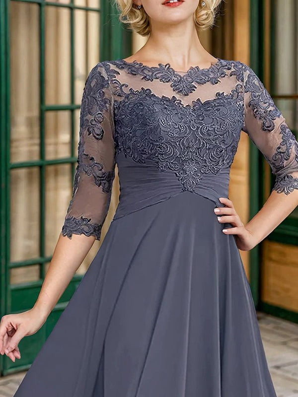 A-line Bateau 3/4 Sleeves Appliques Lace Ankle-Length Chiffon Mother of the Bride Dress