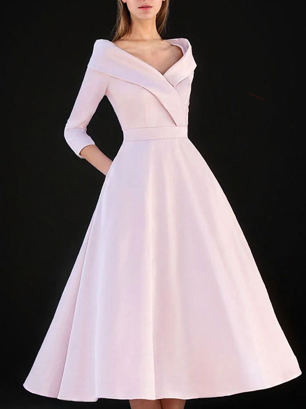 A-line V-neck 3/4 Sleeves Ruffles Tea-Length Satin Mother of the Bride Dress
