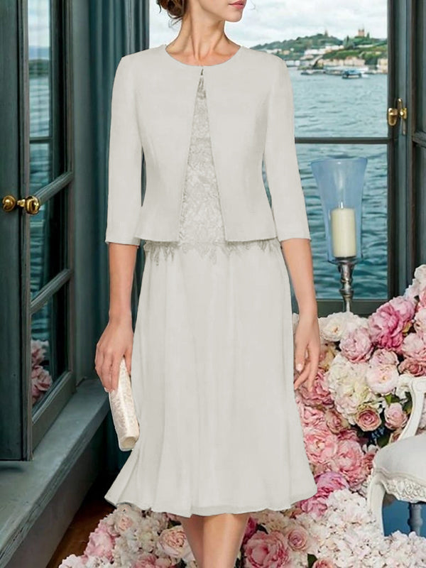 A-line Scoop Ruffles Tea-Length Chiffon Mother of the Bride Dress