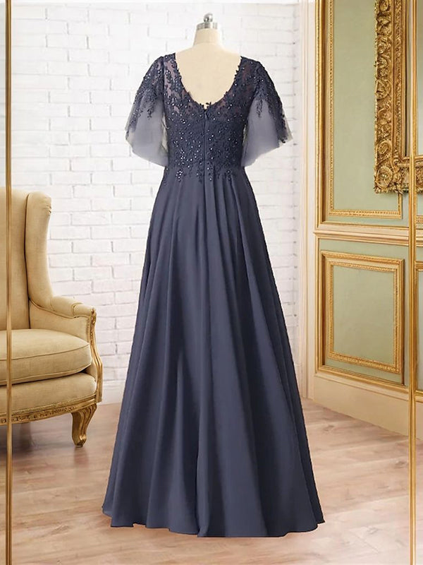 A-line V-neck Short Sleeves Ruffles Floor-Length Chiffon Mother of the Bride Dress