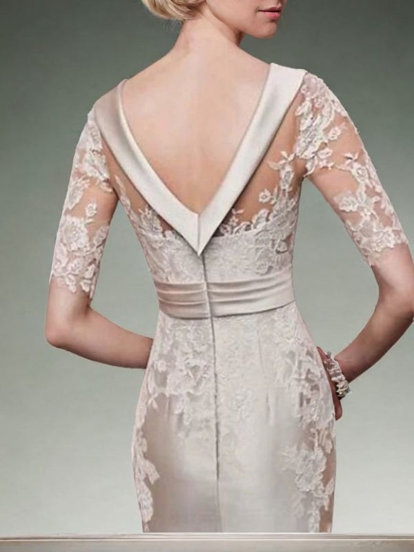 Sheath Bateau 1/2 Sleeves Appliques Lace Knee-Length Satin Mother of the Bride Dress