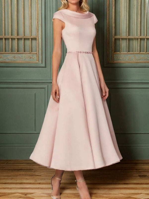 A-line Scoop Short Sleeves Beading Tea-Length Satin Mother of the Bride Dress