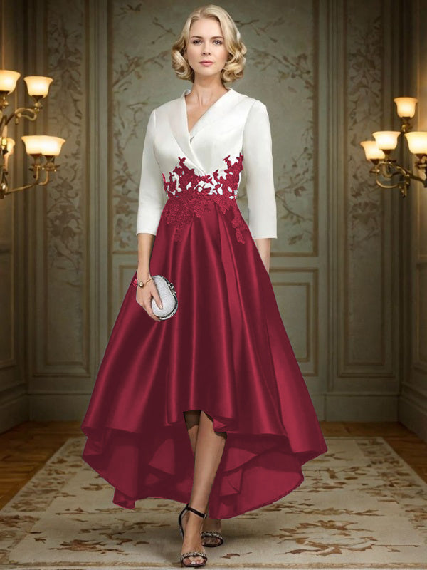 A-line V-neck 3/4 Sleeves Appliques Lace Asymmetrical Satin Mother of the Bride Dress