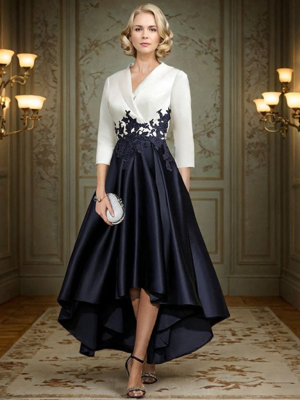 A-line V-neck 3/4 Sleeves Appliques Lace Asymmetrical Satin Mother of the Bride Dress