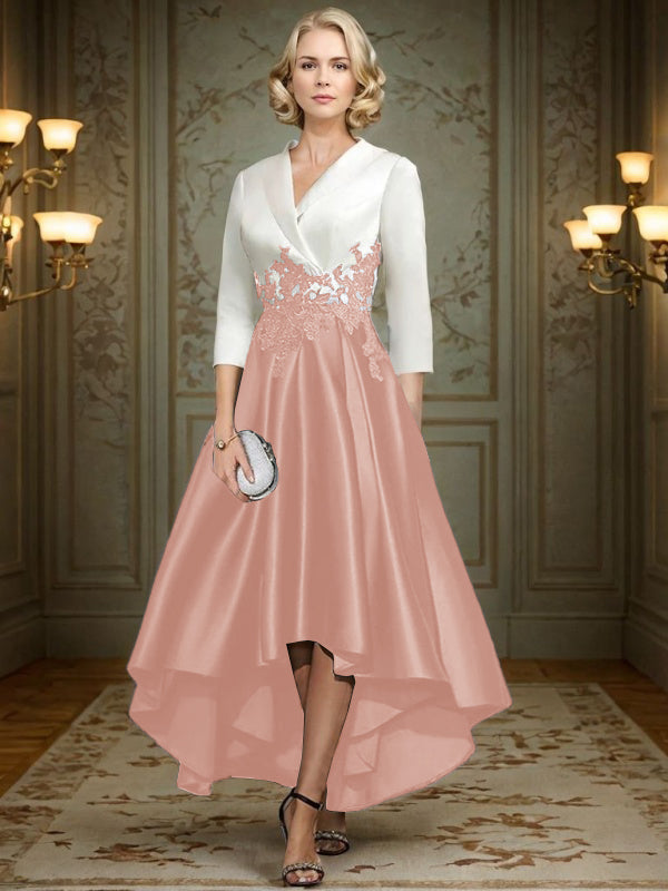 A-line V-neck 3/4 Sleeves Appliques Lace Asymmetrical Satin Mother of the Bride Dress