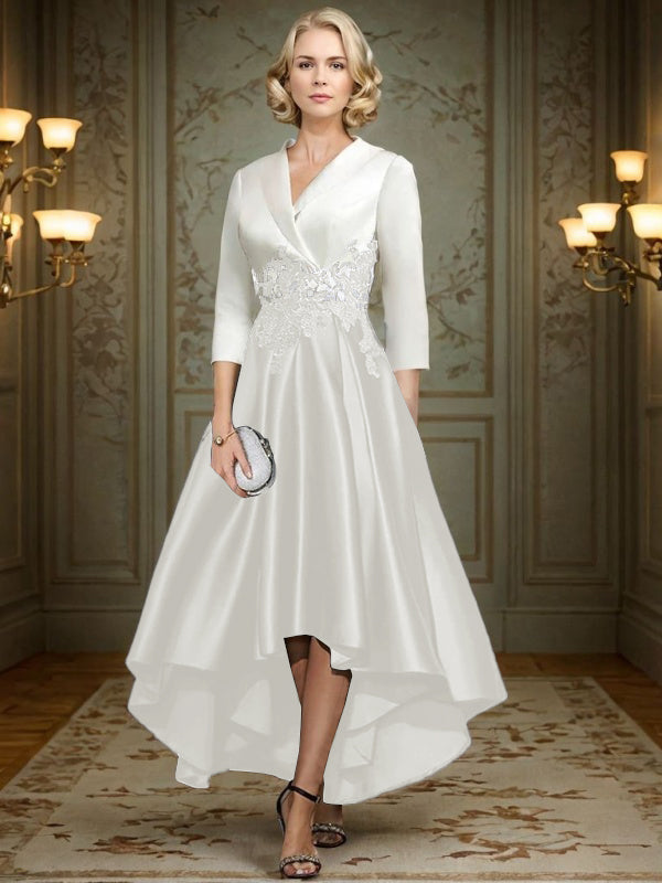 A-line V-neck 3/4 Sleeves Appliques Lace Asymmetrical Satin Mother of the Bride Dress