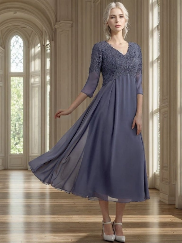 A-line V-neck 3/4 Sleeves Appliques Lace Tea-Length Chiffon Mother of the Bride Dress