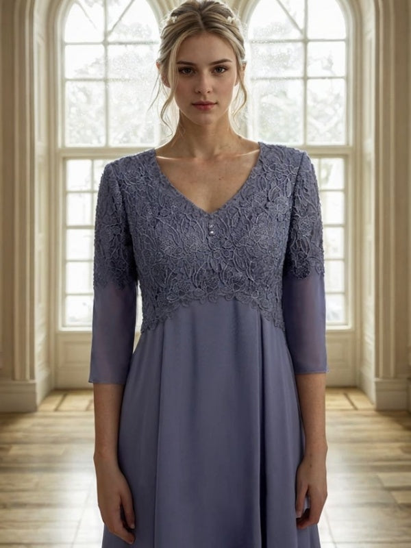 A-line V-neck 3/4 Sleeves Appliques Lace Tea-Length Chiffon Mother of the Bride Dress
