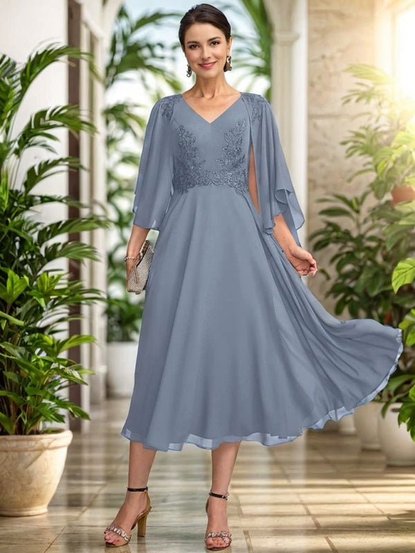 A-line V-neck 3/4 Sleeves Appliques Lace Tea-Length Chiffon Mother of the Bride Dress