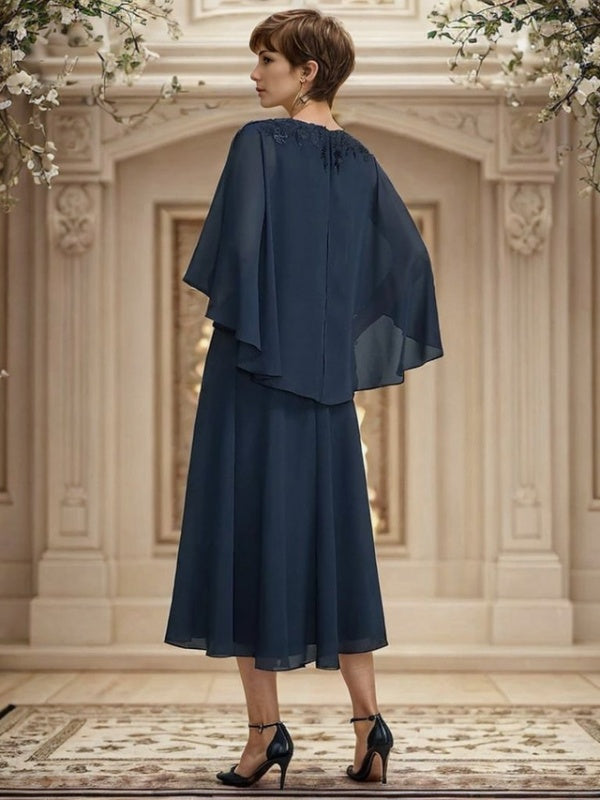 A-line V-neck 3/4 Sleeves Appliques Lace Tea-Length Chiffon Mother of the Bride Dress