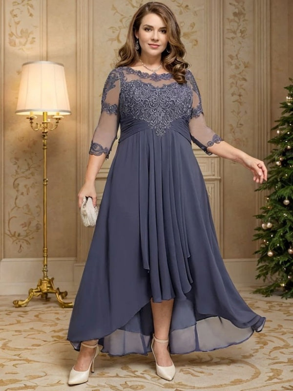A-line Scoop 3/4 Sleeves Appliques Lace Asymmetrical Chiffon Mother of the Bride Dress