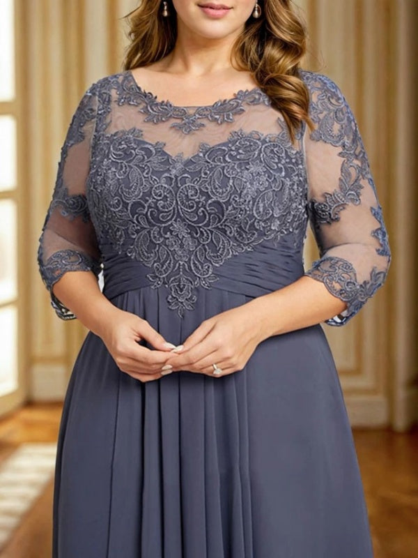 A-line Scoop 3/4 Sleeves Appliques Lace Asymmetrical Chiffon Mother of the Bride Dress