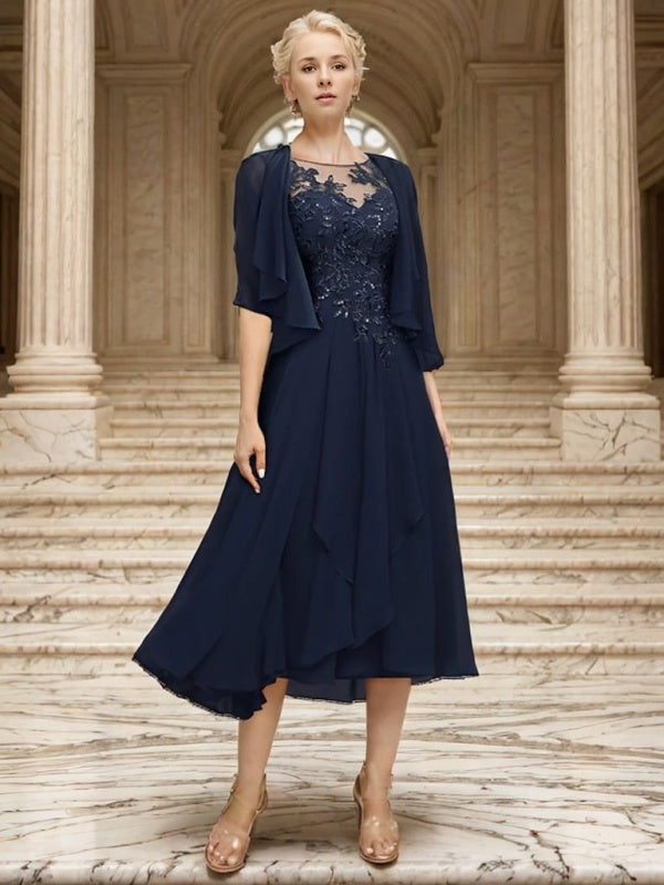 A-line Scoop Short Sleeves Appliques Lace Asymmetrical Chiffon Mother of the Bride Dress