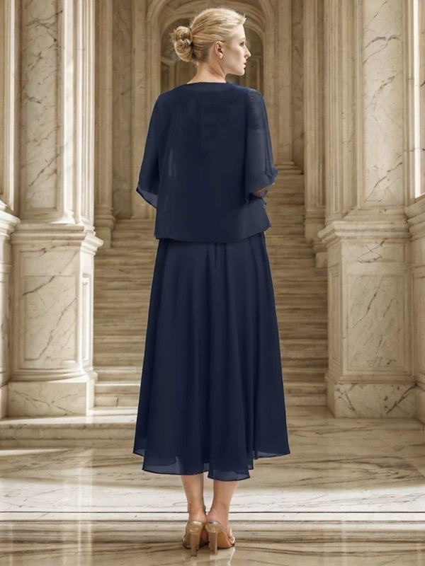 A-line Scoop Short Sleeves Appliques Lace Asymmetrical Chiffon Mother of the Bride Dress