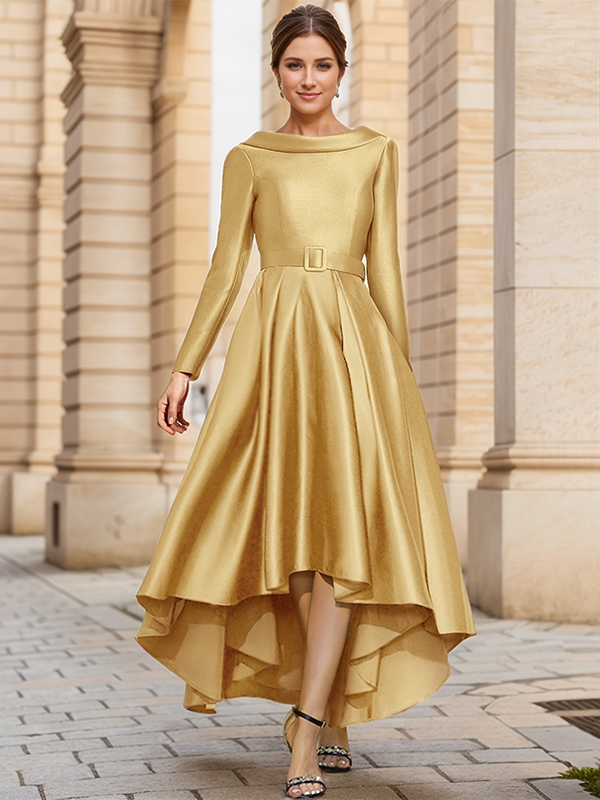 A-line Bateau Long Sleeves Ruffles Asymmetrical Satin Mother of the Bride Dress