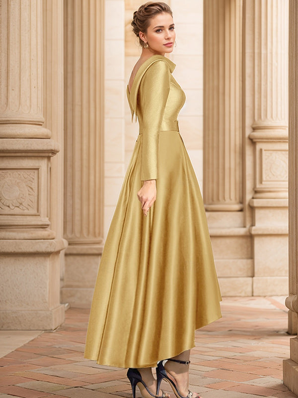 A-line Bateau Long Sleeves Ruffles Asymmetrical Satin Mother of the Bride Dress