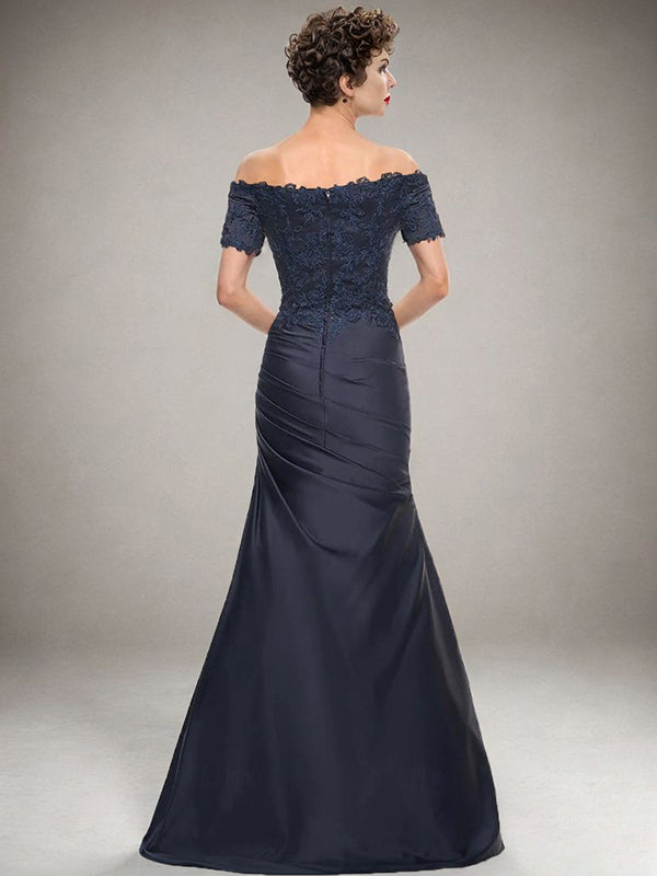 Sheath Off-the-Shoulder Short Sleeves Pleated Floor-Length Satin Mother of the Bride Dress