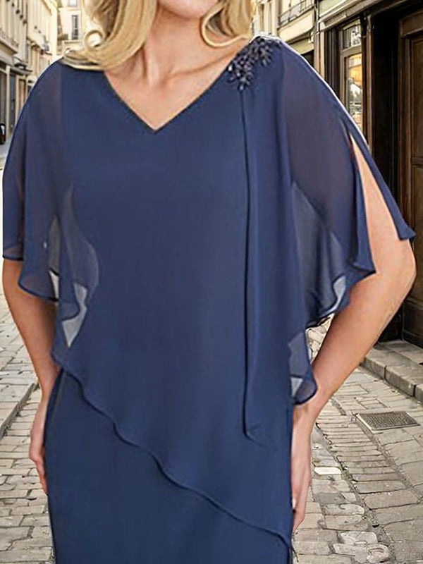 Sheath V-neck 1/2 Sleeves Ruffles Floor-Length Chiffon Mother of the Bride Dress