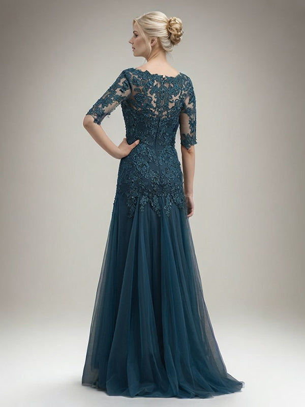 Sheath V-neck 1/2 Sleeves Appliques Lace Sweep Train Tulle Mother of the Bride Dress