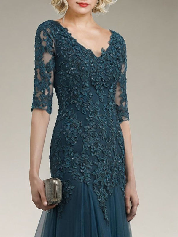 Sheath V-neck 1/2 Sleeves Appliques Lace Sweep Train Tulle Mother of the Bride Dress