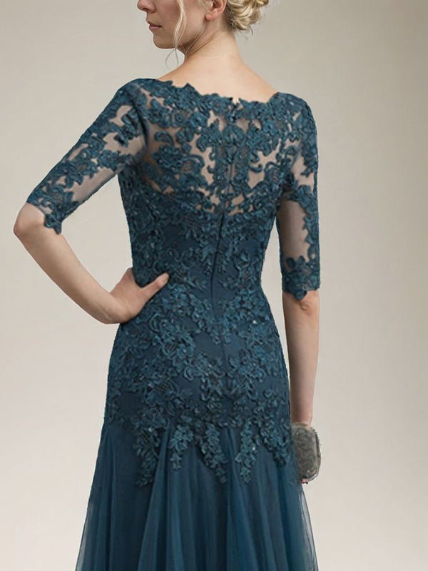Sheath V-neck 1/2 Sleeves Appliques Lace Sweep Train Tulle Mother of the Bride Dress
