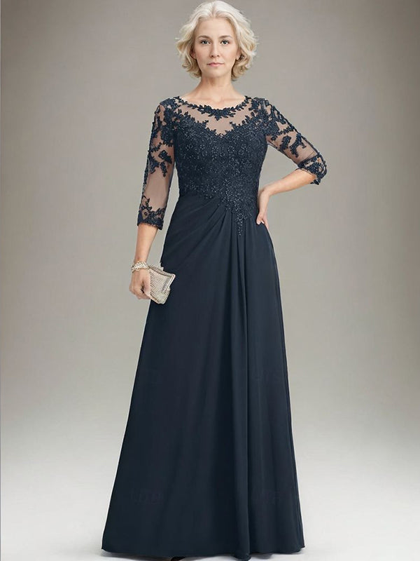 A-line Bateau 3/4 Sleeves Appliques Lace Floor-Length Chiffon Mother of the Bride Dress