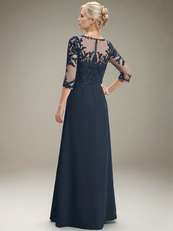 A-line Bateau 3/4 Sleeves Appliques Lace Floor-Length Chiffon Mother of the Bride Dress