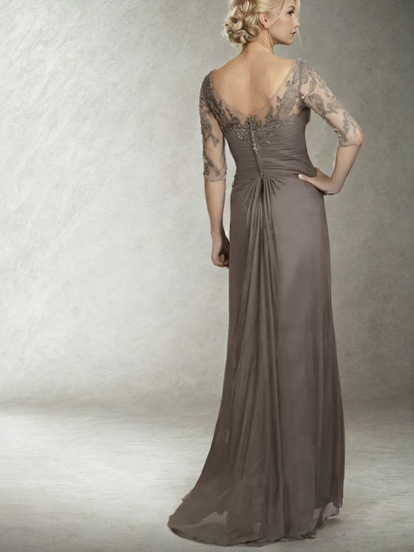 Sheath Scoop 3/4 Sleeves Appliques Lace Floor-Length Chiffon Mother of the Bride Dress